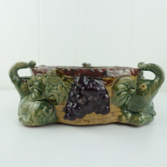 Majolica Art Pottery Elephant & Grapes Planter Glazed Planter Pot Bowl - Picture 6 of 14